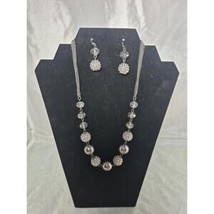 RMN BeadedNecklace And Earring Set Gunmetal/Silver/Faux Pearl 18" Up To 21"